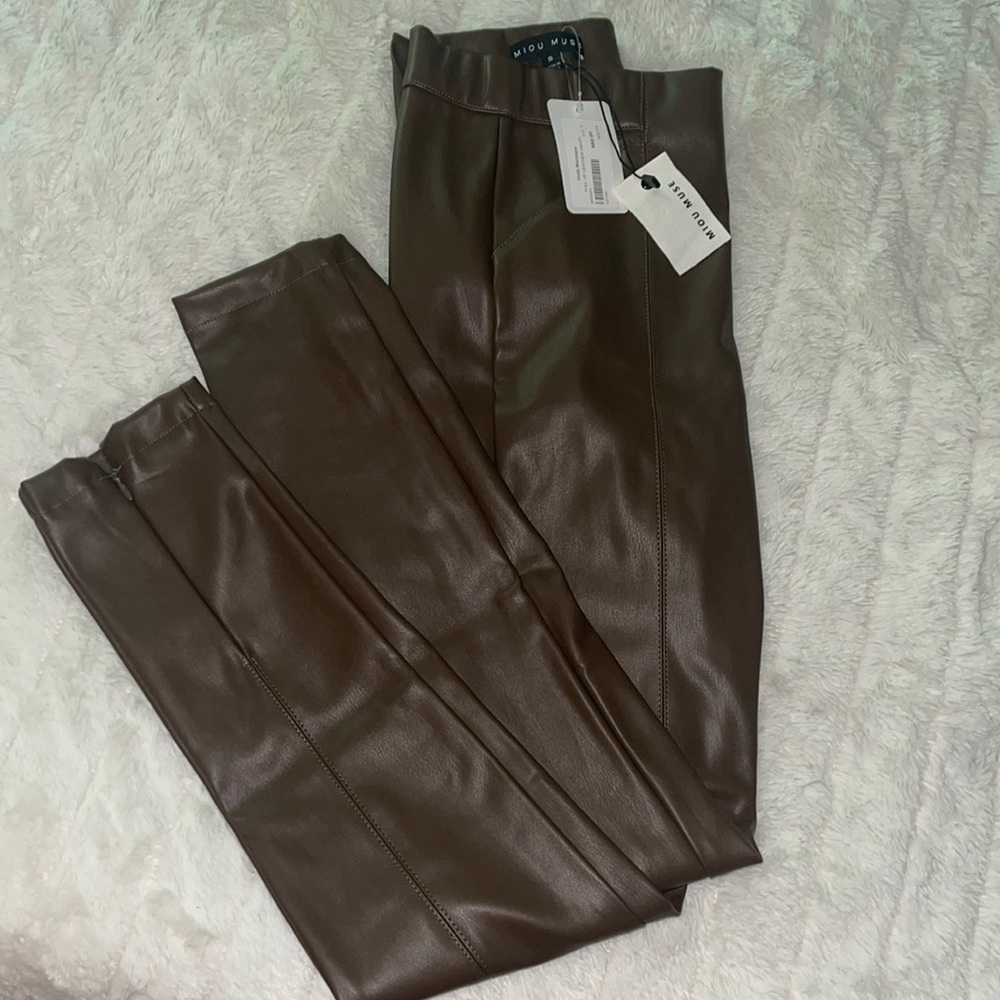 Brown Leather Look Skinny Pants Zip Closure NWT